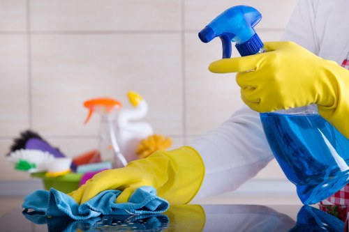 Professional cleaners working in a modern NW8 apartment building