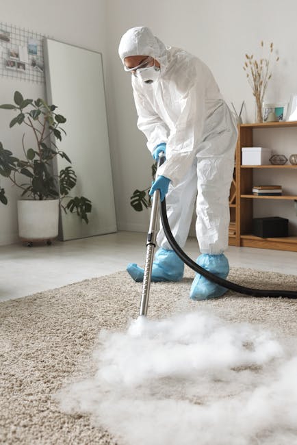 A professional cleaner from Carpet Cleaning NW8 is performing deep carpet cleaning in a residential living room, wearing a white protective suit, face mask, and gloves. The cleaner is using a steam ex